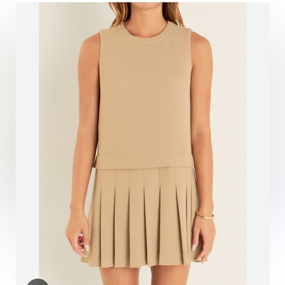 English Factory sleeveless pleated mini dress tan ladies large Tan